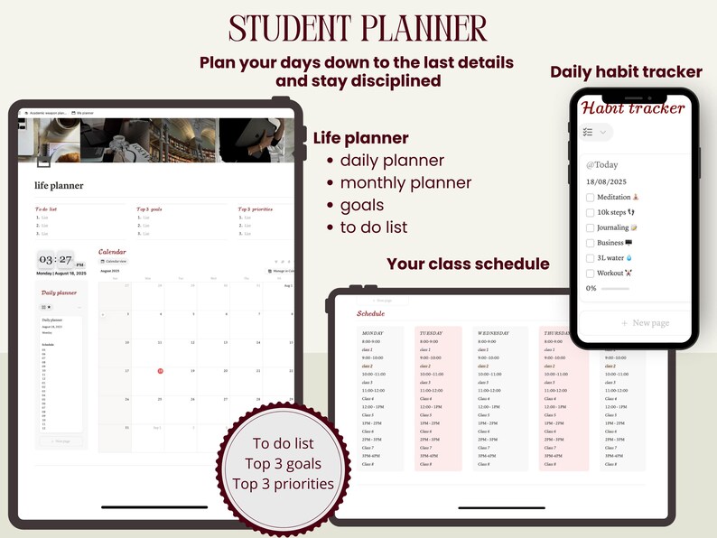 Peut inclure: Interface de planificateur &eacute;tudiant num&eacute;rique affich&eacute;e sur des tablettes et un t&eacute;l&eacute;phone. Le planificateur comprend un planificateur de vie, un emploi du temps et un suivi des habitudes quotidiennes. Le texte comprend "Student Planner", "Life planner", "Daily habit tracker", et "To do list".