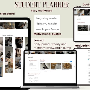 Peut inclure: Un planificateur &eacute;tudiant num&eacute;rique affich&eacute; sur un ordinateur portable et une tablette, avec un tableau de vision, une galerie d'objectifs, un journal et des invites de motivation. Le planificateur contient le texte "STUDENT PLANNER" et "Stay motivated".