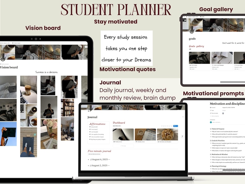 Peut inclure: Un planificateur &eacute;tudiant num&eacute;rique affich&eacute; sur un ordinateur portable et une tablette, avec un tableau de vision, une galerie d'objectifs, un journal et des invites de motivation. Le planificateur contient le texte "STUDENT PLANNER" et "Stay motivated".