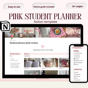 Könnte beinhalten: Ein pinkfarbenes Student Planner Notion-Template, das auf einem Laptop und Smartphone angezeigt wird. Der Laptop-Bildschirm zeigt die Benutzeroberfläche des Planers, und das Telefon zeigt Navigationsoptionen. Der Text enthält: "Einfach zu bedienen", "Notion-Leitfaden enthalten" und "20+ Seiten."