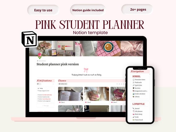 Pink Aesthetic Notion Student Planner That Girl University Dashboard Assignment Tracker All In One Pink Notion Template for adhd Student