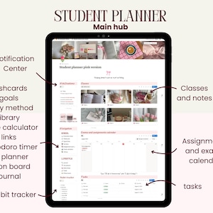 May include: A digital student planner displayed on a tablet. The screen shows a pink-themed interface with sections for notifications, classes, assignments, and tasks. Features include flashcards, goals, and a habit tracker.