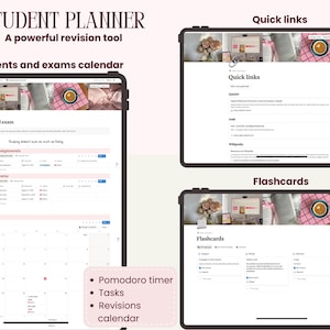 May include: A digital student planner interface displayed on tablets. The interface includes sections for assignments, exams, quick links, and flashcards. Text on the screen includes "Assignments and exams calendar" and "A powerful revision tool."