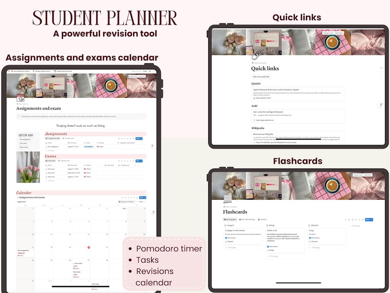 May include: A digital student planner interface displayed on tablets. The interface includes sections for assignments, exams, quick links, and flashcards. Text on the screen includes "Assignments and exams calendar" and "A powerful revision tool."