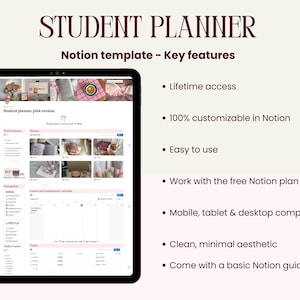 May include: A digital student planner displayed on a black tablet. The screen shows a pink-themed Notion template with the title "Student Planner." Text on the screen includes "Lifetime access," "100% customizable," and "Easy to use."
