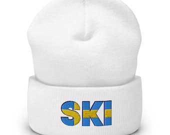 Swedish Ski Beanie Nordic Flag Inspired Hat Winter Skiing Beanie Sweden National Colors Ski Season Hat Cuffed Beanie