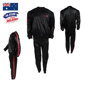 May include: Black sweat suit with red stripes. The suit has a zip at the front and a drawstring at the waist.
