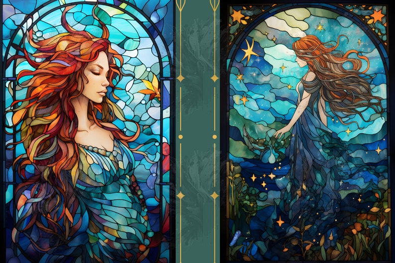 Stained Glass Mermaid Backgrounds Colorful Fantasy Mermaid Digital ...