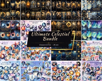 Ultimate Celestial PNG Clipart and Digital Paper Bundle Pack | Tarot Cards, Zodiacs, Moons, and More
