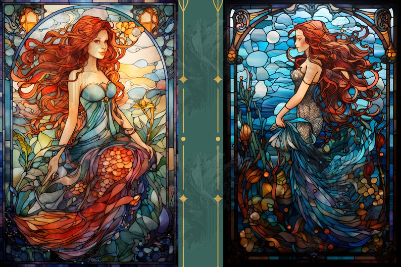 Stained Glass Mermaid Backgrounds Colorful Fantasy Mermaid Digital ...