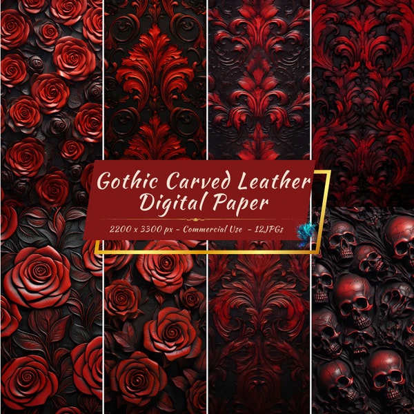 Gothic Carved Leather Digital Paper Collection | Luxurious Damasks, Roses, Skulls Backgrounds