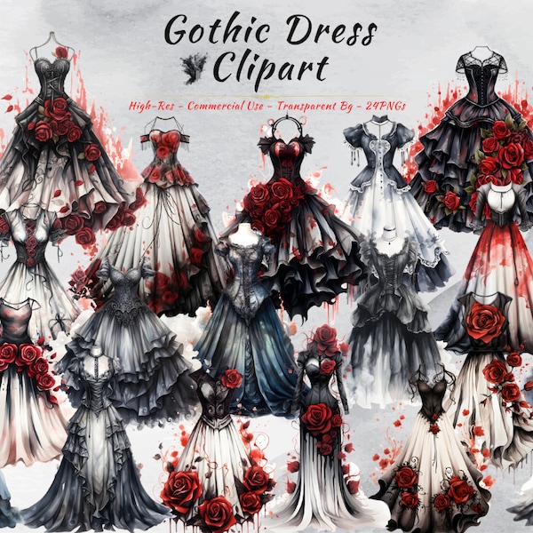 Gothic Dress SVG PNG Clipart Collection | Floral, Fantasy, Victorian Fashion, Black Dresses