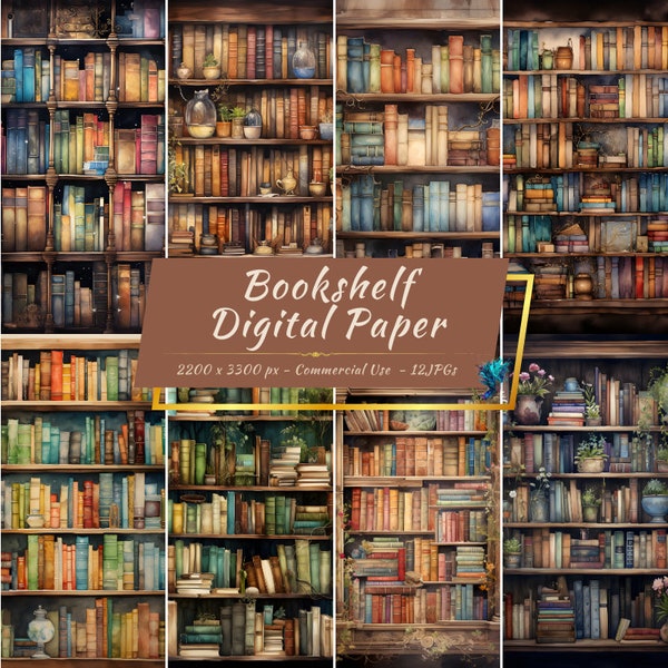 Printable Bookshelf Digital Paper Pack | Cozy, Book Lover's Backgrounds