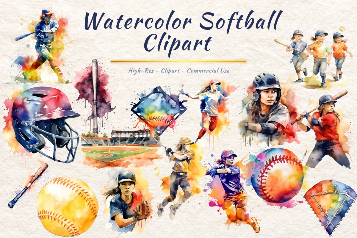Watercolor Softball Clipart Softball SVG and PNG Unique Etsy