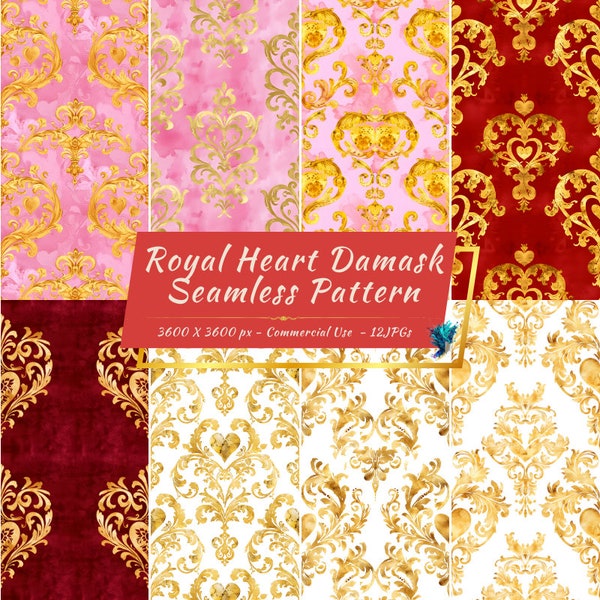 Royal Heart Valentine Damask Seamless Digital Paper Set | Damask Heart Patterns