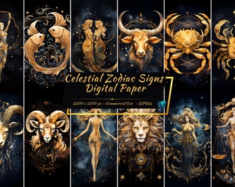 Paquet de papier numérique du zodiaque céleste | Astrologie mystique, Arrière-plans de l'horoscope
