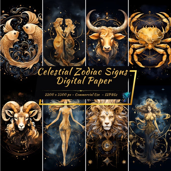 Celestial Zodiac Digital Paper Pack | Mystical Astrology, Horoscope Backgrounds