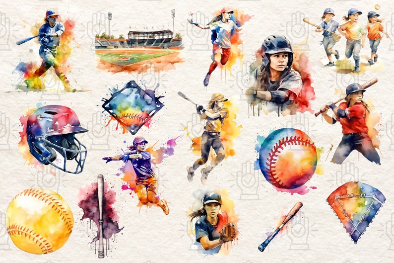 Watercolor Softball Clipart Softball SVG and PNG Unique Etsy