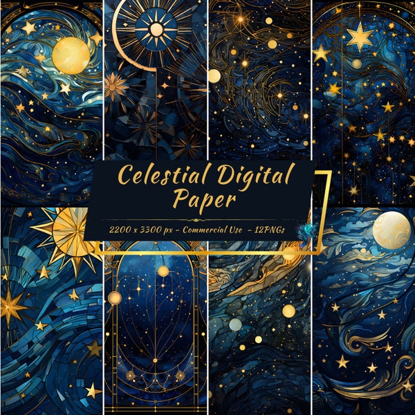 Celestial Galaxy Digital Paper | Moon, Sun, Stars Digital Background