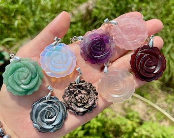 Crystal Rose Carving Pendant: Gemstone Flower Necklace (35mm)