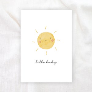 Karte zur Geburt A6 personalisierbar, Klappkarte Baby Geburt, Baby Sonne Geburtskarte Babykarte Postkarte Geburt Hallo Baby Glückwunschkarte