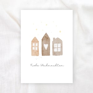 Weihnachtskarte Häuser A6, Klappkarte Karte Weihnachten, Frohe Weihnachten, Weihnachtsgeschenk Postkarte Aquarell