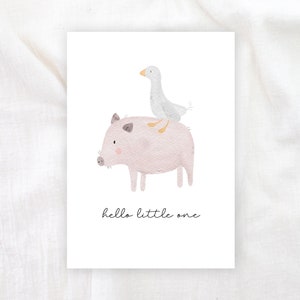 Karte zur Geburt A6, Klappkarte Baby Geburt, Baby Ente Schwein Geburtskarte Babykarte Postkarte Geburt Hallo Baby Glückwunschkarte Aquarell