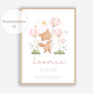 Geburtstafel Baby, Geschenk zur Geburt, Geburtsdaten Poster, Geburtsposter Fuchs, Geburtsanzeige, Personalisiertes Geschenk Geburt