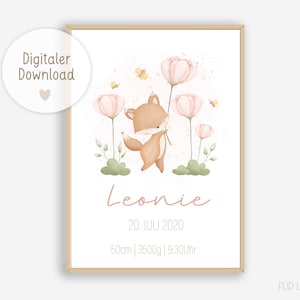 Geburtstafel Fuchs, Geschenk zur Geburt, Geburtsdaten Poster, Geburtsposter personalisiert, Geburtsanzeige, Personalisiertes Geschenk Geburt