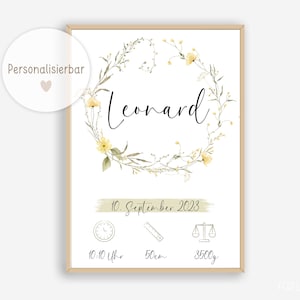 Geburtstafel Baby, Geschenk zur Geburt, Geburtsdaten Blumenkranz Boho, Geburtsposter personalisiert, Personalisiertes Geschenk Geburt
