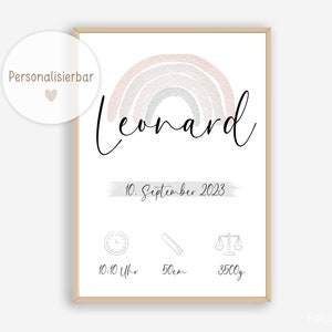 Geburtstafel Baby, Geschenk zur Geburt, Geburtsdaten Regenbogen Boho, Geburtsposter personalisiert, Personalisiertes Geschenk Geburt