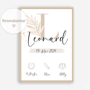 Geburtstafel Baby, Geschenk zur Geburt, Geburtsdaten Buchstabe Boho, Geburtsposter personalisiert, Personalisiertes Geschenk Geburt