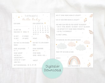 Babyshower Karten - Babyparty Spiel - Tippkarten Baby - Zum Ausdrucken als digitaler Download - Ratespiel und Wünsche-Karten Babyparty Boho
