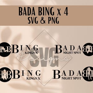 Può includere: Quattro design grafici in bianco e nero con il testo "Bada Bing Night Spot Kings X" e una silhouette di una donna con un vestito.