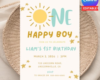 Editable 1st Birthday Invitation Toddler First Party Invite Toddler One Theme Party Printable Personalize Template Instant Digital Download