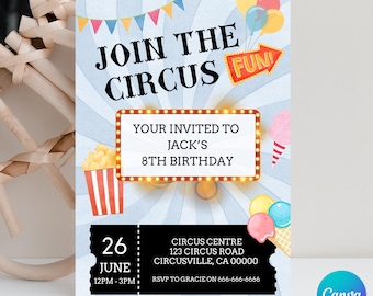 Invitación a fiesta de circo, invitación de cumpleaños de circo, fiesta de circo para niños, fiesta temática de circo, plantilla digital editable, descarga instantánea