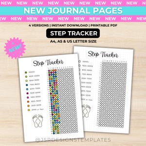 May include: Two printable step tracker journal pages featuring a grid of circles for daily logging. The design includes a colour-coded legend for step counts ranging from 2000 or less to 10000+, with columns for months and rows for days of the month.