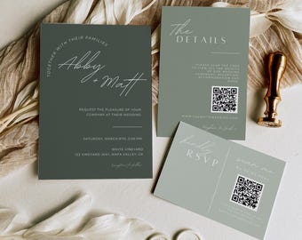 Sage Green Wedding Invite Suite QR Code Boho Winter Forest Wedding Invitation Bundle RSVP Details Template Instant Digital Download
