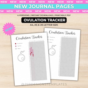 May include: Two printable ovulation tracker journal pages with a grid of circles for days 1-31 and months J-D. The pages feature a line drawing of an egg and sperm, a legend for ovulation, fertile, and none, and text reading Ovulation Tracker.