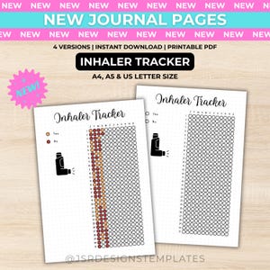 May include: Two printable Inhaler Tracker journal pages featuring a grid for daily logging. Each page includes the text Inhaler Tracker, a black inhaler icon, and columns for months and days. The design is available in A4, A5, and US Letter sizes.