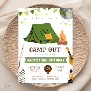 Invitation d'anniversaire en camping Invitation de fête pour les enfants Première fête Fête à thème camping Modèle numérique modifiable Téléchargement immédiat