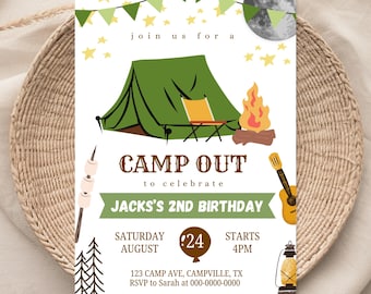 Camping Birthday Invitation Camp Out Party Invite Kids First Party Camping Theme Party Editable Digital Template Instant Download