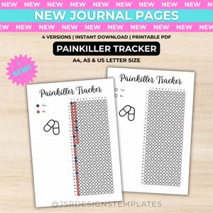 Op de afbeelding: Twee printbare Painkiller Tracker journalpagina's in A4, A5 en US Letter-formaat. Elke pagina bevat een pilafbeelding, een maandelijkse kalendergrid met genummerde rijen van 1 tot 31, en selectievakjes met Yes en No voor het bijhouden van medicatie.