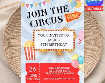 Bewerkbare circusuitnodiging carnavalsfeestje uitnodigen circusthema verjaardag afdrukbare personaliseren sjabloon Instant Digitale download