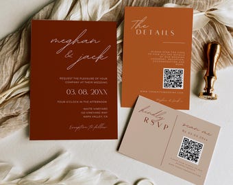 May include: A wedding invitation suite with a brown and pink color scheme. The invitation features the names "meghan & jack" in white script font. The details card includes a QR code and the text "The Details" in white script font. The RSVP card features a QR code and the text "Kindly RSVP" in white script font.