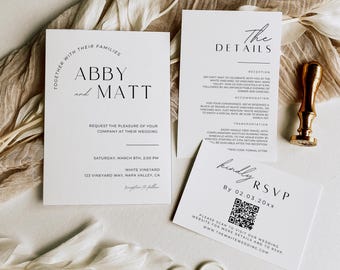 Pode incluir: Um convite de casamento branco com um design minimalista. O convite apresenta os nomes Abby e Matt, a data e a hora do casamento, bem como o local. O convite também inclui um código QR para que os convidados possam confirmar sua presença.
