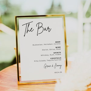 Bar Menu Sign, Bar Menu Template, Modern Editable Drink Menu, Modern Minimalist Wedding Sign, Wedding Reception Sign 5x7, Boho Wedding