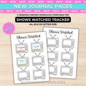 May include: Two printable journal pages titled Shows Watched featuring black and white line art of television sets with five-star rating systems. The pages include text for Outer Banks, Ted Lasso, and The Hills, available in A4, A5, and US Letter sizes.