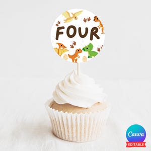Editable Dinosaur Cupcake Toppers Trex Party Cake Topper Jurassic Theme Birthday Printable Personalize Template Instant Digital Download