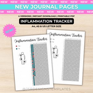 May include: Two printable inflammation tracker journal pages featuring a human body outline with joint markers, a monthly calendar grid, and a color-coded key for yes and no entries. The text reads New Journal Pages, Inflammation Tracker, and A4, A5 & US Letter Size.